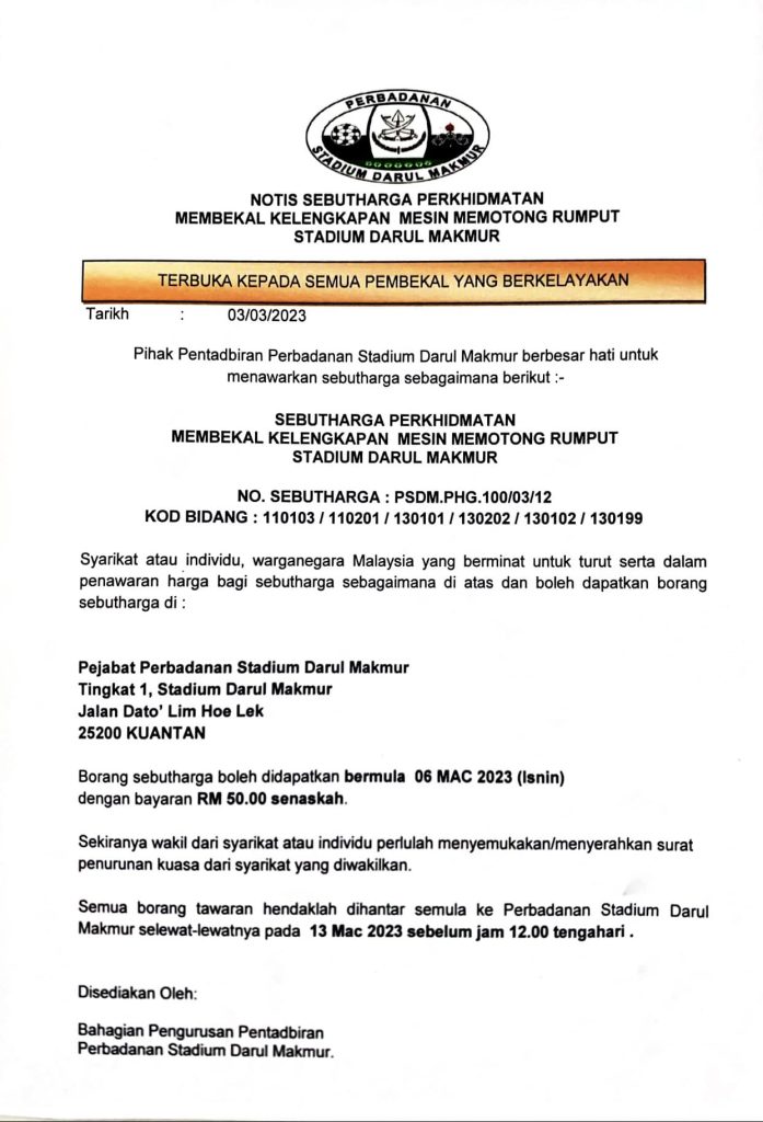 Sebut Harga Tender Perbadanan Stadium Darul Makmur
