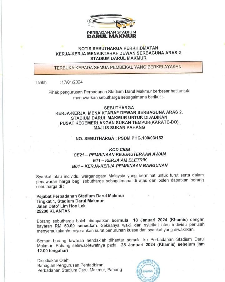 Sebut Harga Tender Perbadanan Stadium Darul Makmur